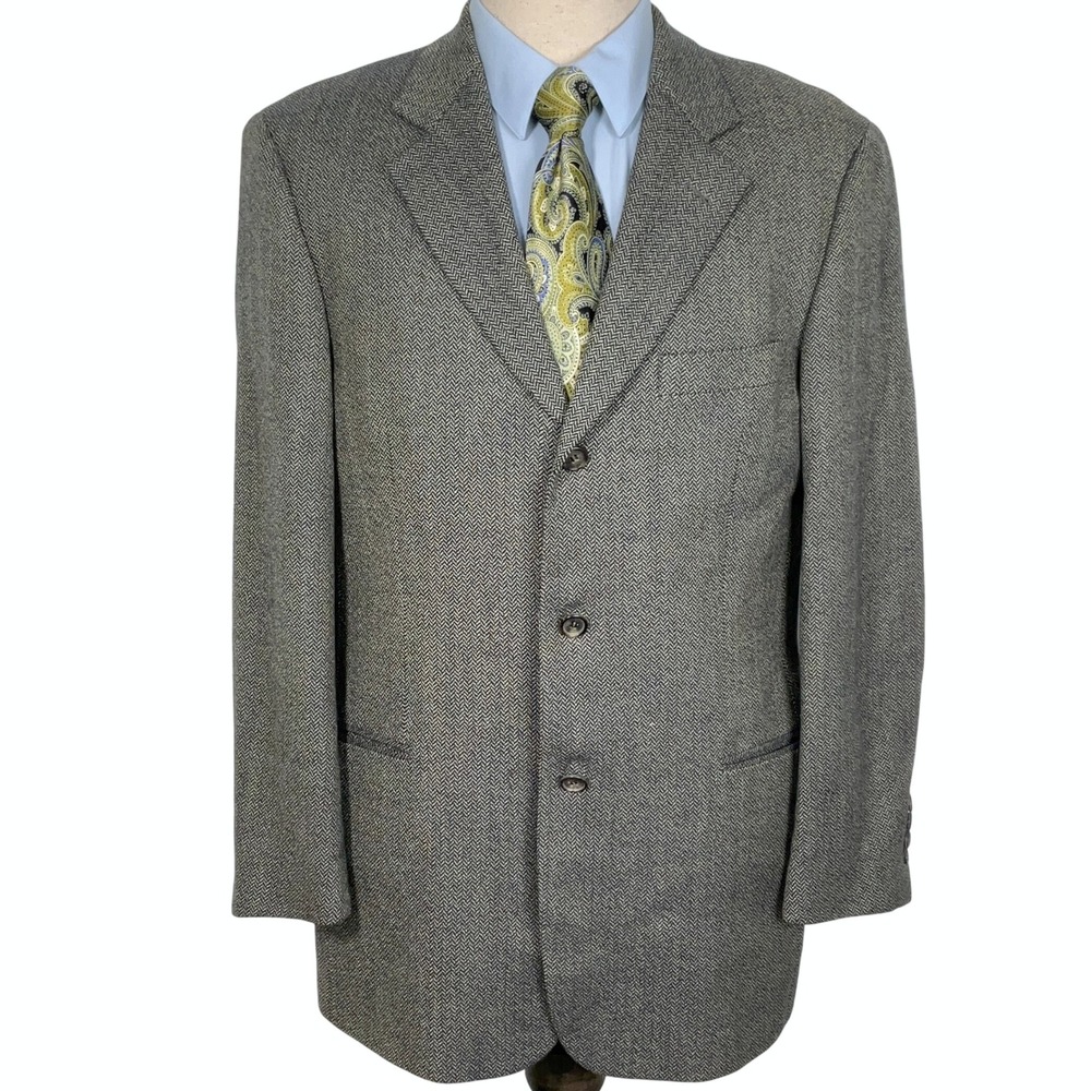 Hugo Boss Blazer Men 40R Navy Khaki Herringbone Einstein Lambswool Sport Coat